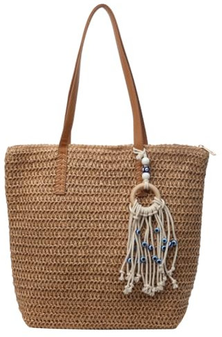 TIAASTAP Groß Strohtaschen mit Reißverschluss Sommer Boho Strandtasche Stroh Handtasche Geflochtene Korbtaschen Basttasche mit Leder Schultergurt für Strand Reise Einkauf