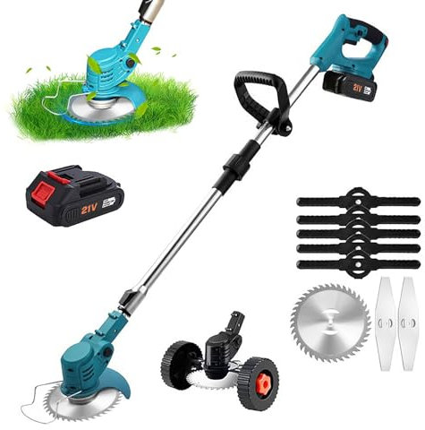 Desbrozadoras eléctricas inalámbricas, corte borde 21 V con batería, con ruedas y 3 tipos de cuchillas, plegado retráctil para corte de jardín, césped y tierras agrícolas (A)