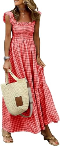 Qizaitz Vestido largo de busto fruncido a cuadros múltiples, vestido de verano a cuadros, vestido largo con volantes para mujer, rosso, S