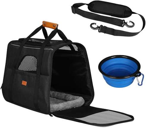 Taylor & Brown Portable Pet Cat Dog Carrier Bag, Foldable Travel Transport Airline Approved Top Opening, Removable Mat and Breathable Mesh for Small Dogs & Cats with Shoulder Strap and Pet Bowl (Grey)