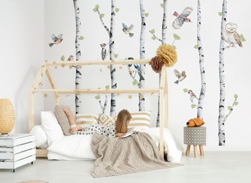 Osomhome | Sticker mural pour chambre d'enfant - Décoration murale animaux de la forêt | Autocollant pour chambre de garçon - Papier peint autocollant pour chambre d'adolescent | Bouleaux 260 cm et