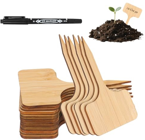CAKKVDE 50 Bamboo Plant Labels with Marker Pen | 10x6cm T-Type Wooden Plant Tags for Outdoor Potted Plants, Seeds, Herbs & Flowers | Natural Garden Markers (50 Labels + 1 Black Oil-Based Pen)