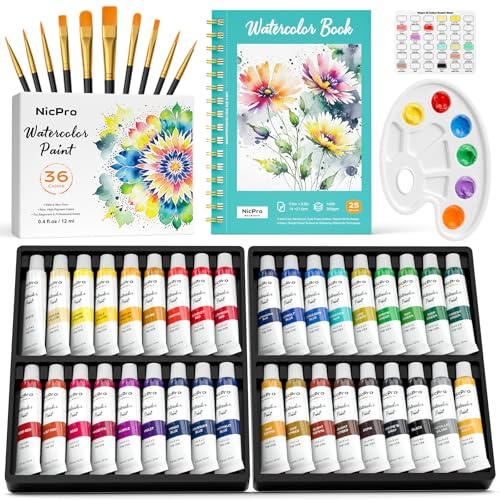Nicpro Aquarellfarben Set 36 Tuben, 12 ml Aquarellfarben Tuben, Hochwertige Wasserfarben mit 10 Pinseln, 25 Blatt Aquarellpapierbuch, Palette, Aquarell Set Zubehör für Künstler Anfänger