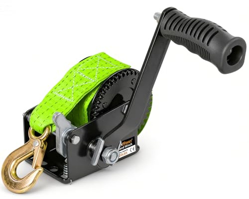 FITHOIST 600lbs Boat Trailer Winch with 19.6FT Nylon Strap, 2-Way Ratchet & 3.2:1 Gear Hand Winch, Manual Operated Hand Crank Winch for Boat, Trailer, Marine, ATV and Jet Ski