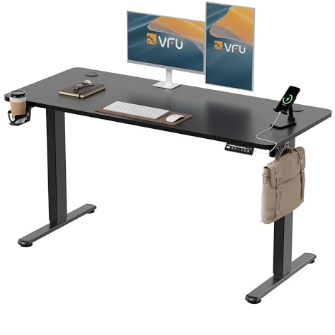 VFU Höhenverstellbarer Schreibtisch 140 x 60 cm mit USB-C Ladeanschluss, Schreibtisch Höhenverstellbar Elektrisch mit Memory Funktion, Computertisch für Büro, Standing Desk, Schwarz Pro