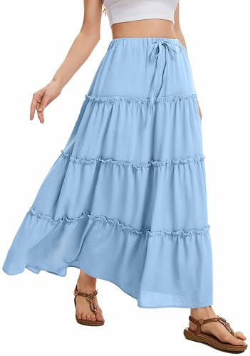 WUWUSKY Women's Skirts Elastic High Waist Flowy Maxi Skirt Summer Casual Elasticated A Line Skirts with Pockets,Light Blue,M