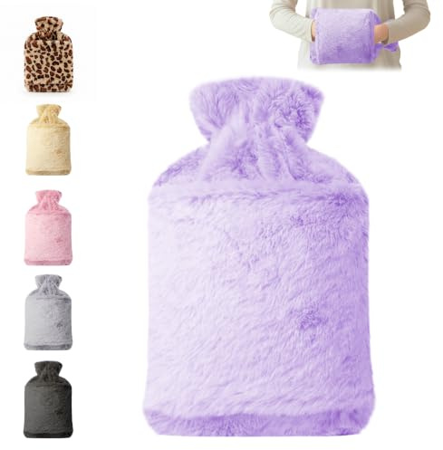 KEPLIN Hot Water Bottle 2L with Soft Faux Fur Cover, Leakproof Natural Rubber, Long Lasting Warmth for Neck, Back & Hands, Fluffy Cosy Design for Men & Women, Winter Comfort - Liliac