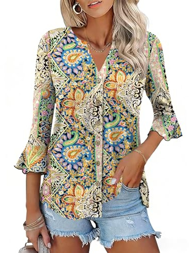 Ivicoer 3/4 Length Sleeve Women's Tops Boho V-Neck Tunic Top Loose Fit Dressy Casual Bohemian Blouses(Black Ethnic Print,S)