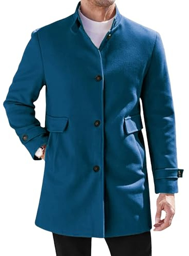Trenchcoat för män smal passform ullblandningar affärer ytterrock vinter vardaglig enkelknäppt peacoat jacka, BLÅ, L