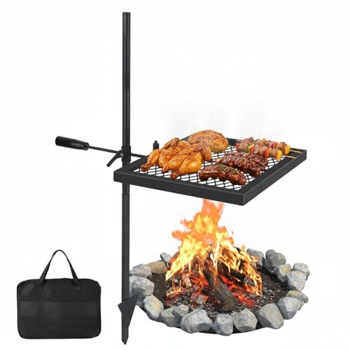 Heavy Duty Campfire Grill – Portable Folding Camping Grill with Swivel Design & Carrying Bag, Adjustable Height for Open Flame Cooking, Perfect for Camping, Backyard, and Outdoor BBQ