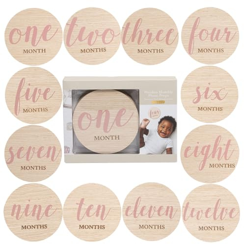 Kate & Milo Wooden Baby Monthly Milestone Discs, Pink Script Text, 12-Piece Double-Sided Month Markers for Newborn and Infant Photo Props