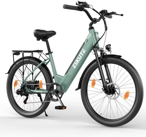 ESKUTE C100 Plus Bici Elettrica, 26 Pollici Bicicletta Elettrica, Motore 250W, Batteria Rimovibile 36V 13Ah, Velocità Massima di 25 km/h, 7 Velocità, Display LCD, E-bike per Adulti, Verde metallizzato