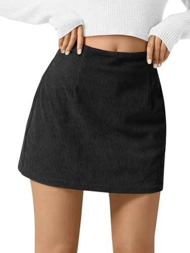 Wenrine Minigonna a vita alta, casual, linea A, gonna a coste, Nero , M