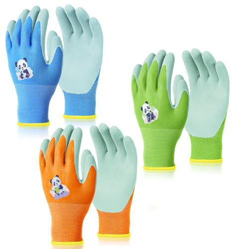 OSDUE 3 Paires Gants de Jardinage pour Enfants, 9 à 12 Ans | Safety Paume en Caoutchouc Une Résistance à L'eau et à La Saleté, Protégez les Mains de Votre Enfant, Panda