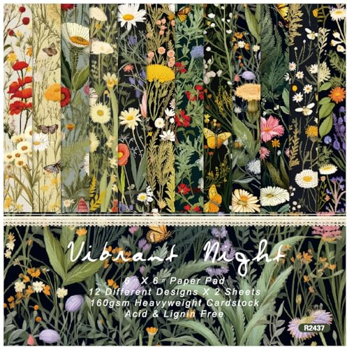 Scrapbooking Dekorpapper Kartong Pappersdyna, 6x6 Blommor 24 ark Blomsterfält enkelsidigt mönsterpapper, 12 mönster