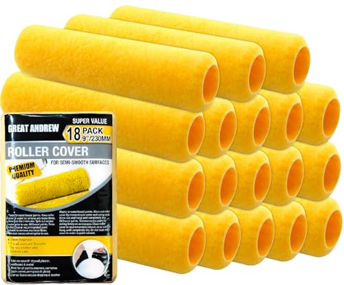 Great Andrew 18 PCS Paint Roller Covers 9 Inch, 3/8-Inch Nap Paint Roller Kit Dense Fibers for Painting Semi-Smooth Textured Surfaces Fit 9 Paint Roller Frame