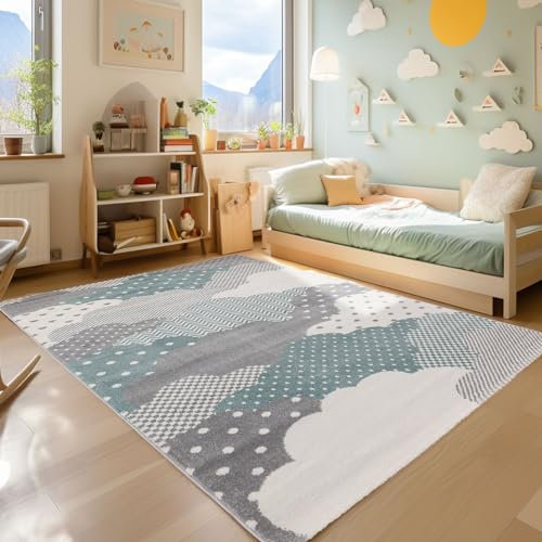 SIMPEX KinderTeppich, Wolken Design, Teppich Blau, 80 x 150 cm, Teppich für Kinder, Teppich Kinderzimmer