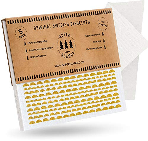 SUPERSCANDI 5 Piezas Paños de Cocina - 100% Biodegradables y Compostables | Trapos de Cocina Reutilizables, Aptos para Alimentos y Sin Plástico | Bayetas para Todas Las Superficies, Luna Amarilla
