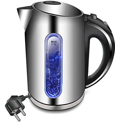 EXTRASTAR Bollitore Acqua Elettrico, Bollitore da 1,7L in inox con indicatore luminoso a LED blu,2200W, bollitore elettrico senza BPA con spegnimento automatico e protezione da bollitura a secco.