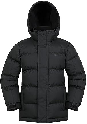 Mountain Warehouse Snow Padded Kids Puffer Jacket - Water Resistant Coat, Fleece Lined Hood, Adjustable Cuffs - For Spring Summer Jet Black Kids Size 9-10 Years