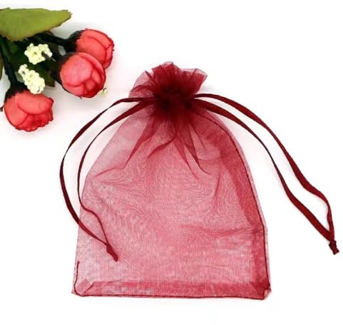 100pc 9 X 12 cm Bolsas de Organza de Regalo, Bolsas de Tul con Cordón de Organza, Bolsa de tela, Bolsas para Joyas, Bolsas de Regalo para Regalos Joyas Caramelo para Boda Favores Bolsitas(Vino tinto)