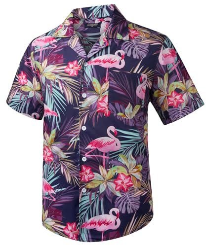 HISDERN Chemise Homme Hawaienne Manches Courtes Poche Avant Ete Chemise a Flamants Roses Homme pour Plage Vacances Tropicale 2XL