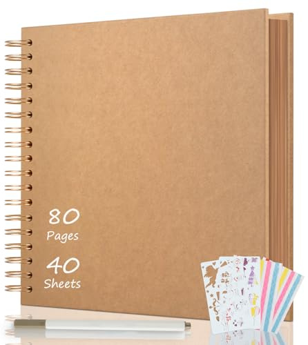 AIOR Álbum de Fotos en Espiral Scrapbook 80 Páginas, DIY Scrapbooking Album para Pegar y Escribir, Regalos de Boda Aniversario Bebé Cumpleanos Familiares, 24x24cm (Caqui)