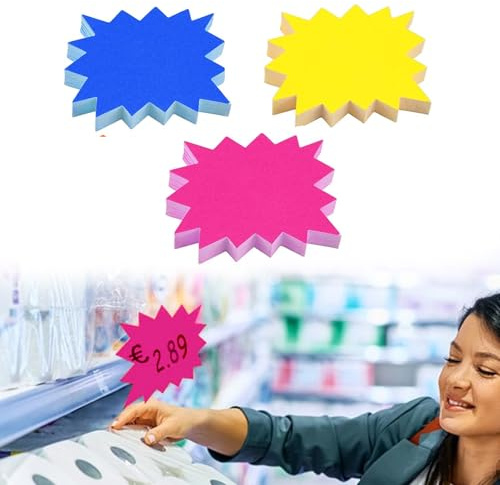 ZWWOGE 150 pièces Étiquette Prix Fluorescent, 3 Couleurs Signes de Starburst, Étiquettes de Prix en Forme d'Étoile Signe de Magasin, Étiquettes de Vente en Papier pour Faveurs Magasin Détail Épiceries