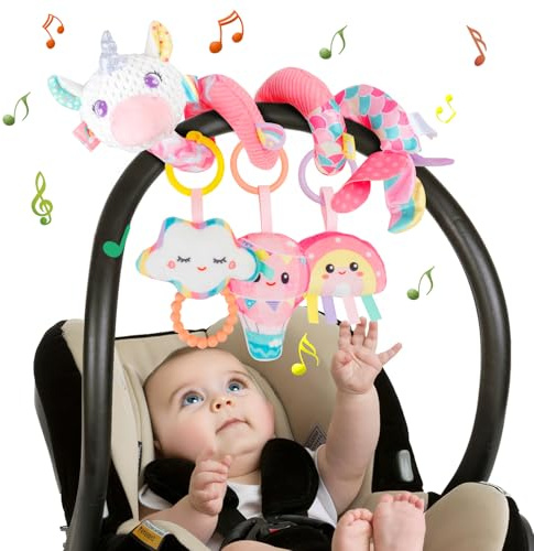 Funsland Espiral Carro Bebe Juguetes - Juguete Colgante Espiral Actividades con Musica y Sonajero, Juguetes Recien Nacido 0 3 6 12 Meses, Peluches para Bebes Niños y Niñas Regalos Originales, Rosa