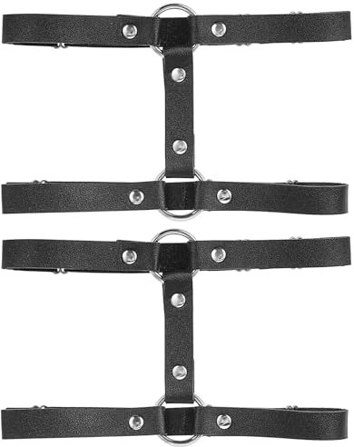 Teaaha 2 Stück Leder Strumpfband Schwarz, Doppellagiges Gothic Ring-Design, Verstellbares Oberschenkel-Band für Frauen und Mädchen Outfit Party Zubehör