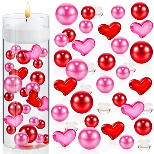 CAKEEYUM 2106PCS/Set Floating Pearls Heart Shaped & Water Drop Vase Filler Beads Funny DIY Floating Pearls for Vases Abs+ Acrylic Beads for Valentine's Day