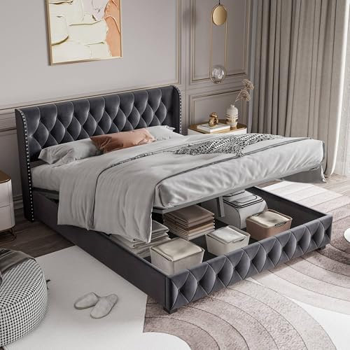 Polsterbett 180x200 cm, Hydraulisch Doppelbett mit Lattenrost und Boxspringbett, Funktionsbett mit Verstellbares Kopfteil, Samt Continentalbett, für Erwachsene&Jugendliche (Dunkelgrau, 180x200cm)