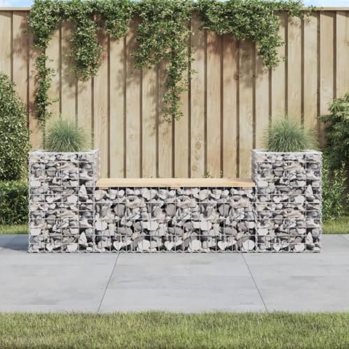 OHOOWOO Panca Giardino Design Gabbione 183x41x60,5 cm Massello di Pino,Panchina da Giardino in Pino Massiccio con Cesto Gabbia e Fioriere, e per Esterni e Spazi Piccoli Arredamento da giardino