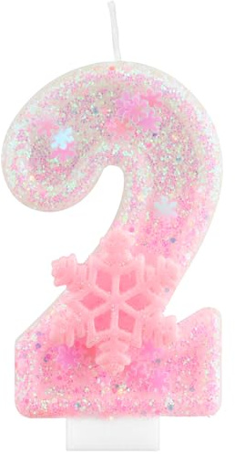 2 candele di compleanno glitterate con fiocco di neve rosa numero 2 candele per torte, decorazioni per il 2° compleanno per ragazze, decorazioni per torte a tema congelato, per ragazze e donne