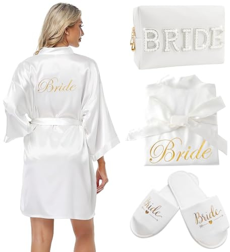 HANGGON Vestaglia Sposa Donna in Raso, Bademantel da Sposa in Satin con Pantofole e Borsa Cosmetici