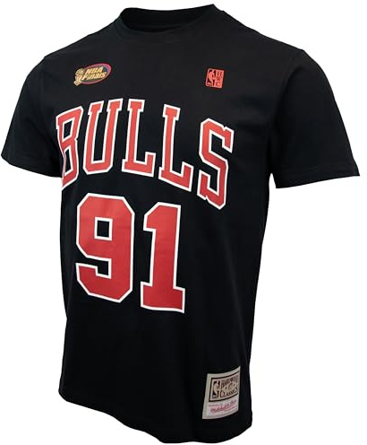 Mitchell & Ness NBA Name & Number T-Shirt - Chicago Bulls, Dennis Rodman, Größe XL, Schwarz-Rot, 100% Baumwolle, Herren, Frauen, Kinder, Unisex, Frühling, Sommer, Herbst, Winter