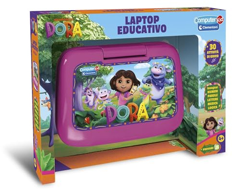 Clementoni - Computer Kid Dora Laptop Educativo Bambini 4+ Anni, 30 attività Educative per Imparare Lettere, Numeri, Parole, Logica e Musica, Lingua Italiana, 16521
