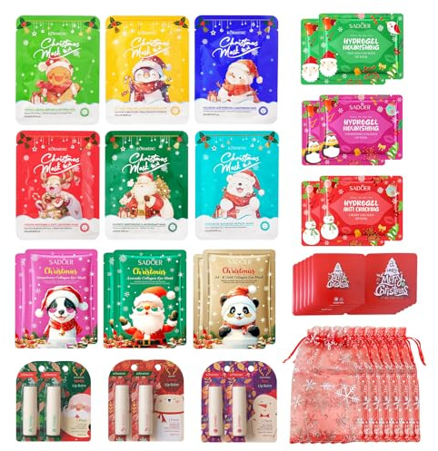 36 Pezzi Set Maschere Viso Regalo Natale, con Maschera Viso Tessuto, Patch Occhi, Maschera per Labbra, Balsamo per Labbra di Natale, Skin Care di natale per Ragazze e Donne