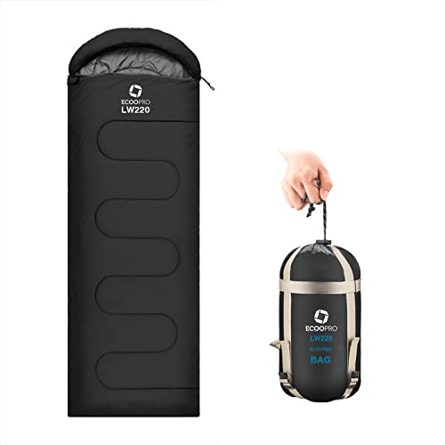 ECOOPRO Warm Weather Sleeping Bag - Portable, Waterproof, Compact Lightweight, Comfort with Compression Sack - Great for Outdoor Camping, Backpacking & Hiking-83 L x 30 W Fits Adults (B-Black)