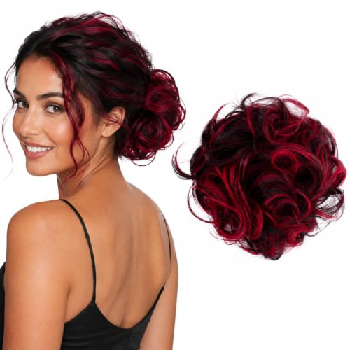CAISHA Synthetic Scrunchie Donut Hair Piece Updo Red Mix G30E | Heat Resistant Chignon Bun Extension Messy Hair Piece Voluminous Wavy Accessories Elastic Band Bridal Wedding Party