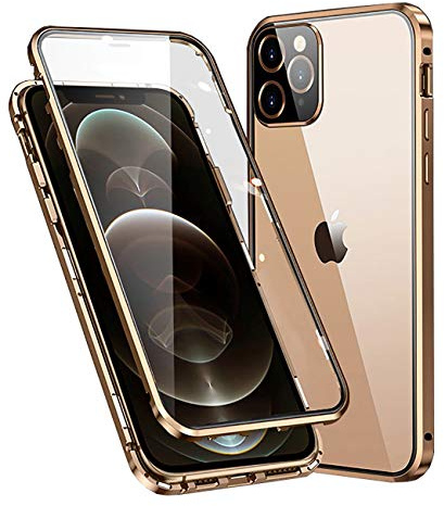 MOSSTAR Case for Apple iPhone 12 Pro Max, Magnetic Adsorption Metal Bumper with Front and Back Transparent Tempered Glass Cover 360 Degree Full Body Protective Case for iPhone 12 Pro Max 6.7, Gold