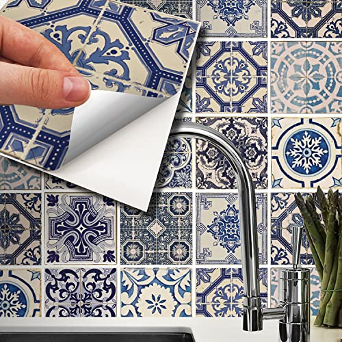 WALPLUS 15cm(6) 24 pcs Tile Stickers Malaga Spanish Blue Peel and Stick Backsplash Self- Adhesive Decal Vinyl Home Decors DIY Splashback Spring Easter Decoration Tile Paint Stick on Tiles Bedroom