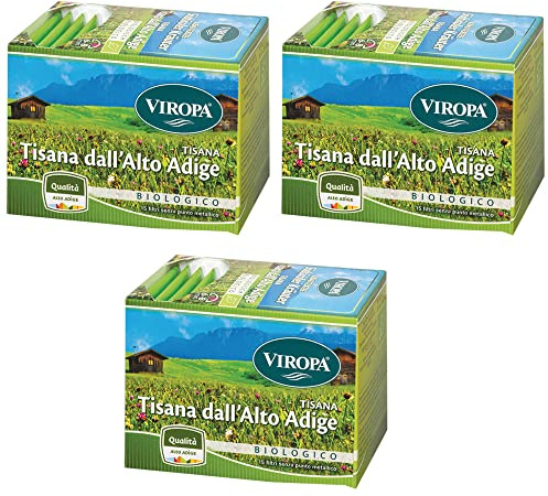 3x Viropa - TISANA DELL' ALTO ADIGE - 15 filtri - Confezione da 3 x 15 filtri - Tisane ed infusi in filtro - Sudtirol + in OMAGGIO 2 Tisane Funzionali Viropa
