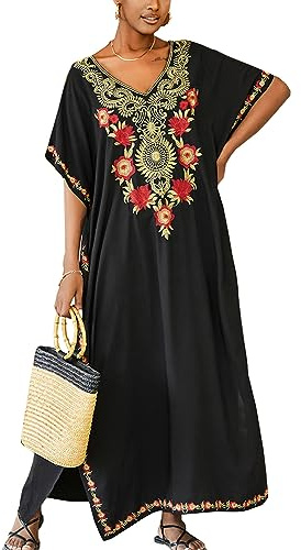 YouKD Broderad kaftan, klänning, bohemisk överdragsklänning för bikini, rock, stora storlekar, loungekläder för kvinnor, Bsvart, en storlek