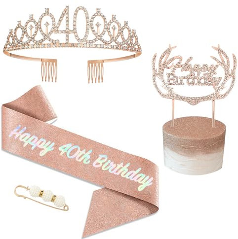 POPOYU Écharpe et Couronne 40 Ans - Kit Cadeau Anniversaire Or Rose pour Femme - Topper Gâteau Cristal, Tiara et Décoration