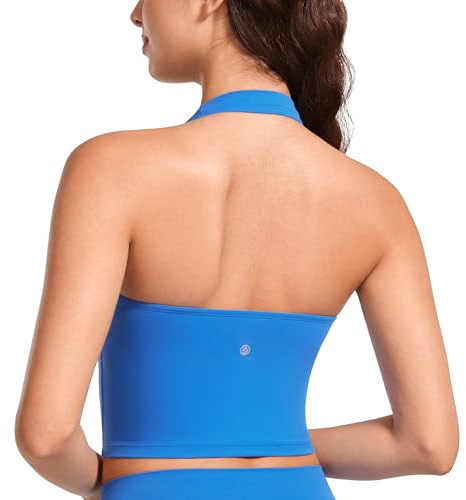 CRZ YOGA Butterluxe Halter Longline Sport-BH för Dam - Vadderade Tränings-Yoga Crop Tops Linnen med Inbyggda Vadderingar Sparkle Blue L