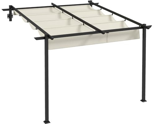 Outsunny Terrassendach Pergola ca. 3x3m Gartenpavillon aus Aluminium, Wandmontage Garten Pavillon mit Verstellbares Dach, Sonnenschutz Terrassendachung für Garten Terrasse, Cremeweiß