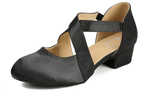 HXYOO Ballroom Dance Shoes Salsa Latin Dancing Shoes Women for Social Beginner Closed Toe 1 1/2 inches Heels S14(Black,8)