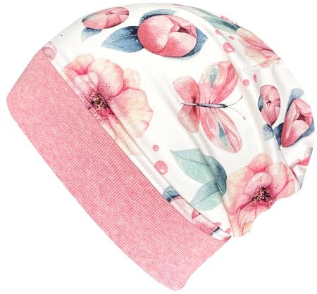 Wollhuhn ÖKO Leichte Mädchen/Jungen Beanie-Mütze Bündchen Elastisch Übergangszeit/Sommer Kinder-Mütze Baumwolle (Öko-Stoffe, Bio) 22222235 (Blumen/Schmetterlinge Altrosa, M)