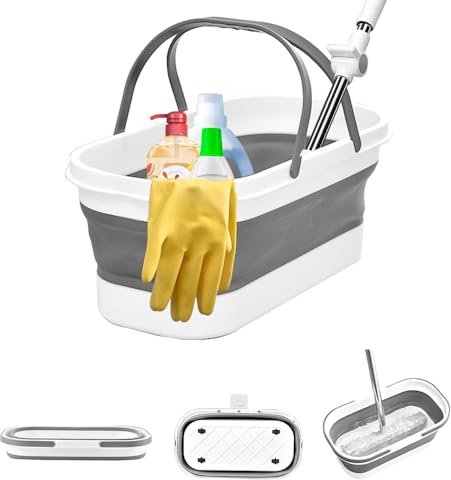 Cubo plegable para fregona con asa y ruedas, contenedor de plástico pequeño plegable de 12 L para limpieza del hogar, lavado de coches, cesta portátil para organizador de almacenamiento, gris